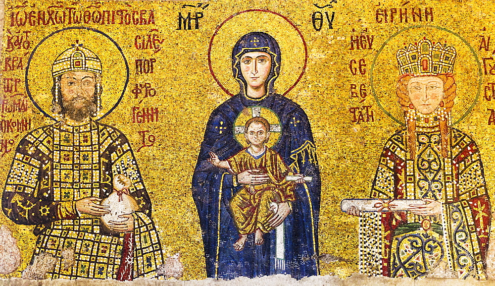 Turkey, Istanbul, Mosaic of Virgin mary holding Jesus with Emperor John II Comnenus and Empress Irene