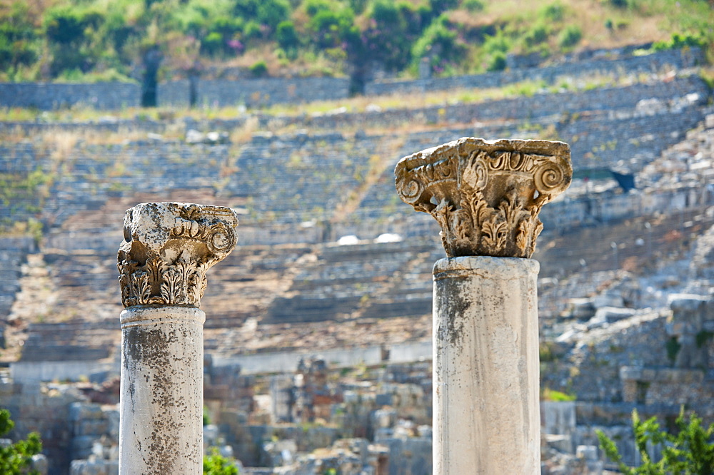 Turkey, Ephesus, Corinthian columns in Roman amphitheatre