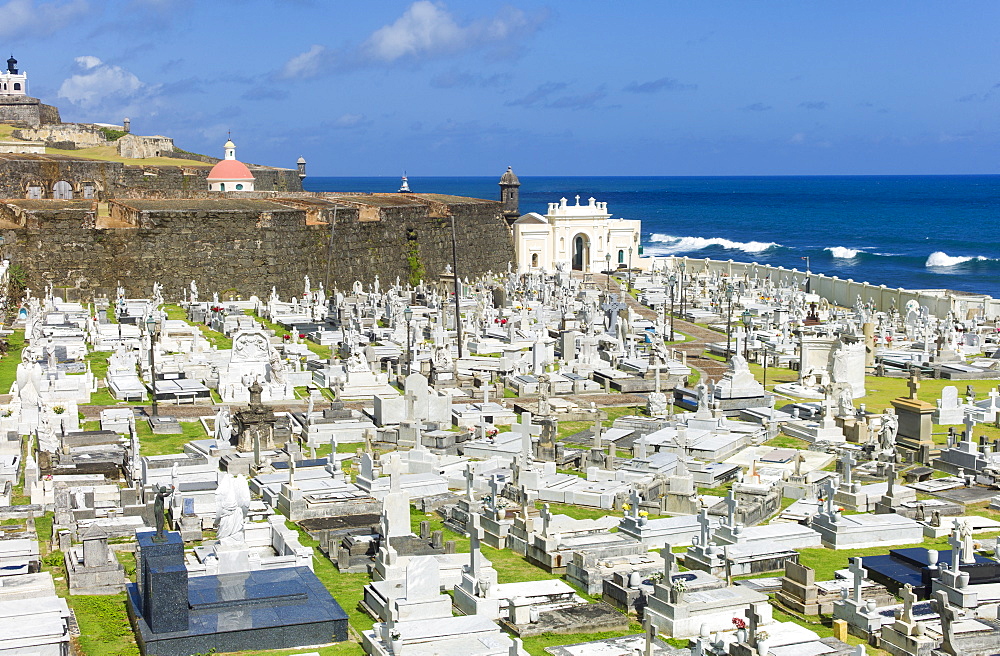 Puerto Rico, Old San Juan, View of Santa Maria Magdalena Cemetery with El Morro Fortress