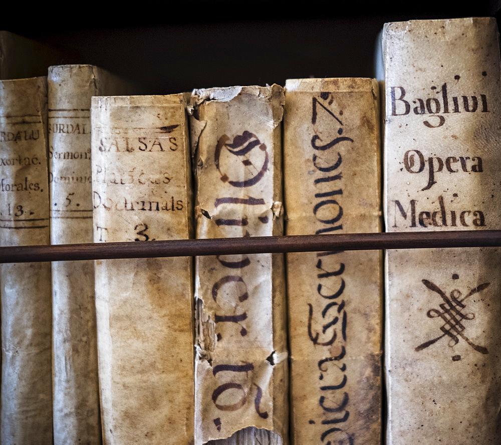 Spain, Mallorca, Monastery in Valldemossa, Books in library, Valldemossa, Mallorca, Spain