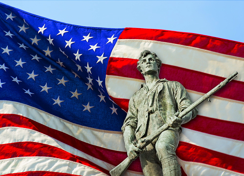 Minutemam statue with flag, Lexington, Massachusetts