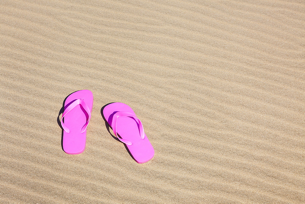 Oregon, Florence, Pink flip-flops on sand dune