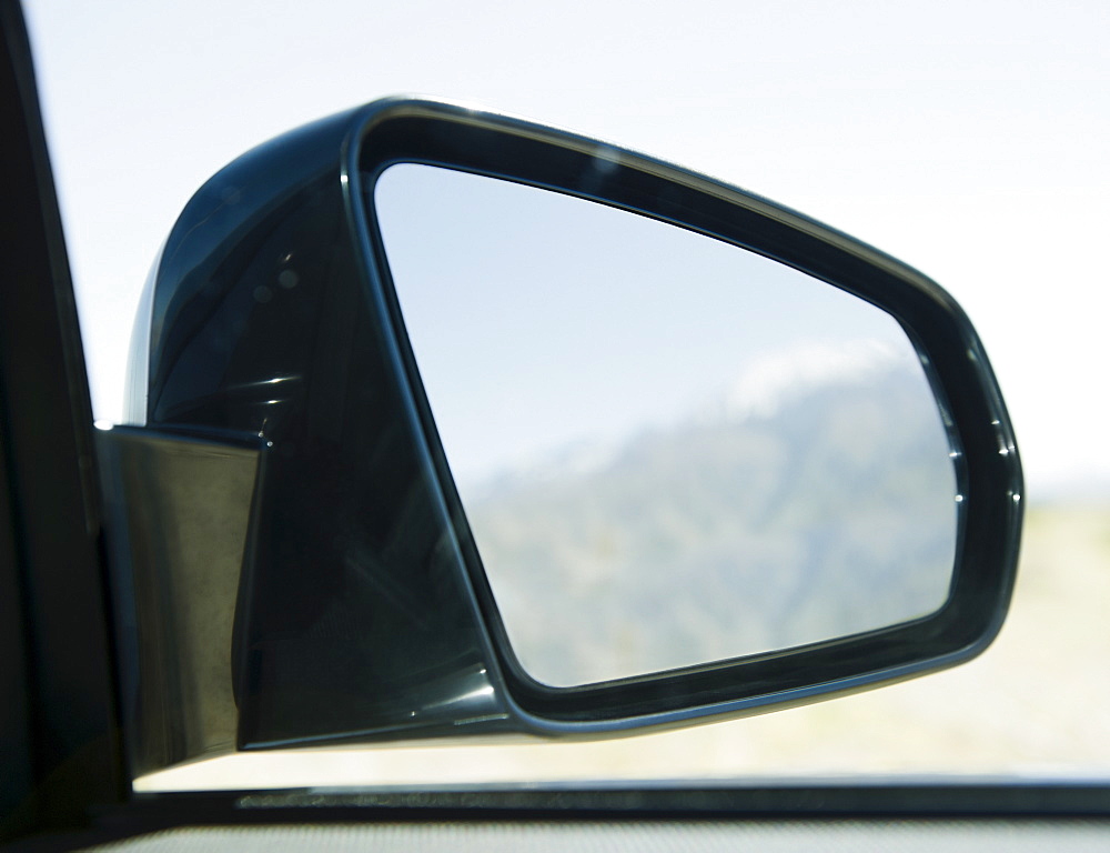 USA, California, Palm Springs, Coachella Valley, San Gorgonio Pass, Close up of rear- view mirror 