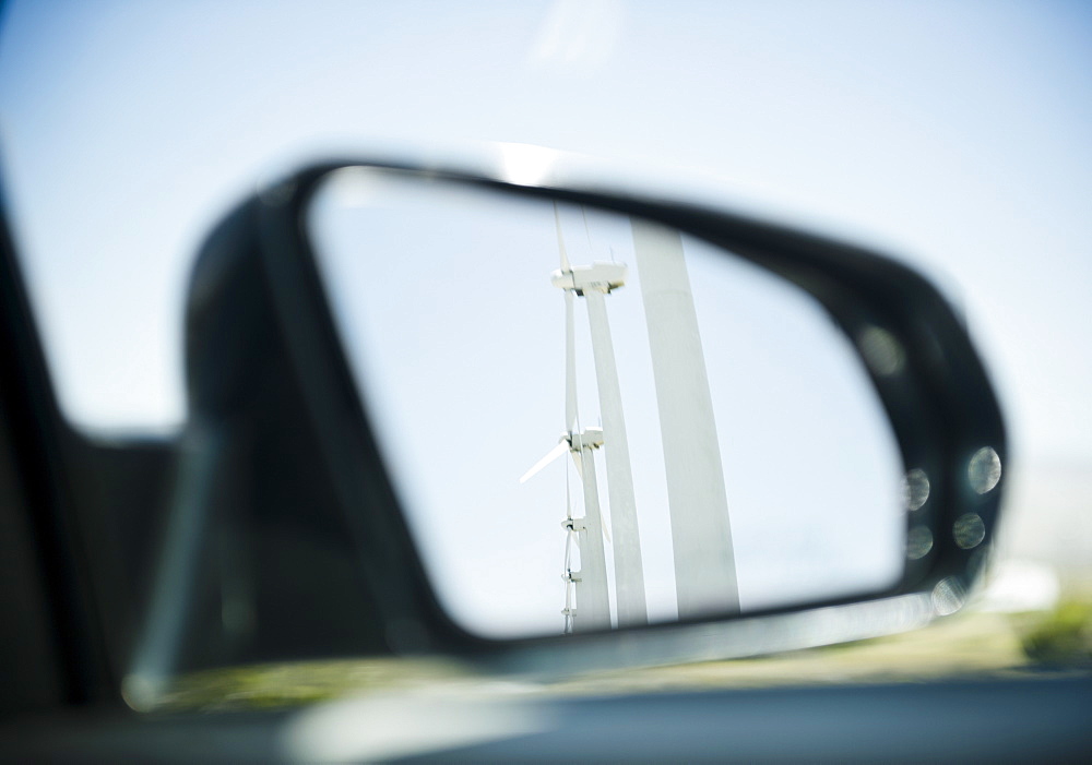 USA , California, Palm Springs, Coachella Valley, San Gorgonio Pass, Wind turbine reflecting in rear- view mirror 