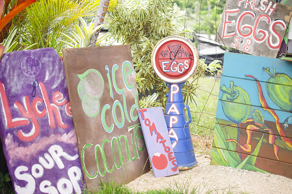 Handmade banners on farm, USA, Hawaii, Kauai