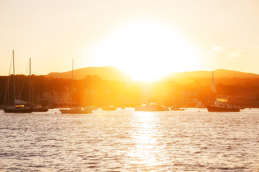 Epic sunset over Camden Harbour, USA, Maine, Camden