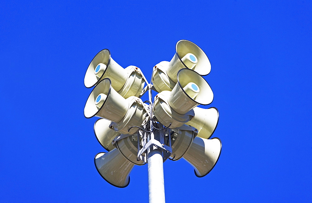 Low angle view of outdoor speakers