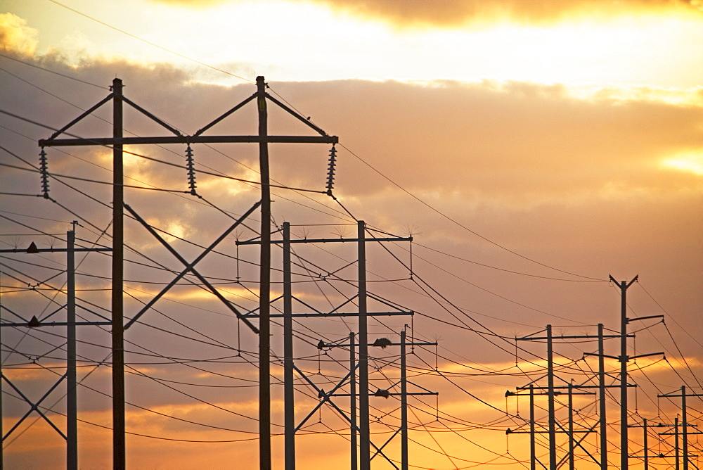 Electrical poles and wires at sunset