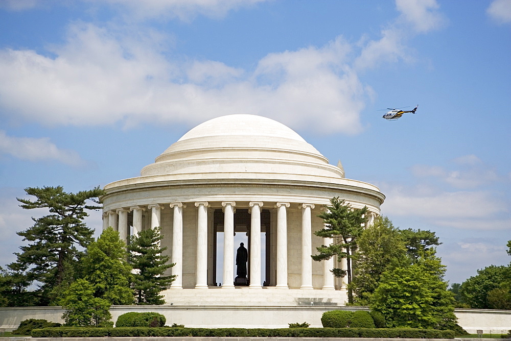 Helicopter flying over Jefferson Memorial, Washington DC, United States