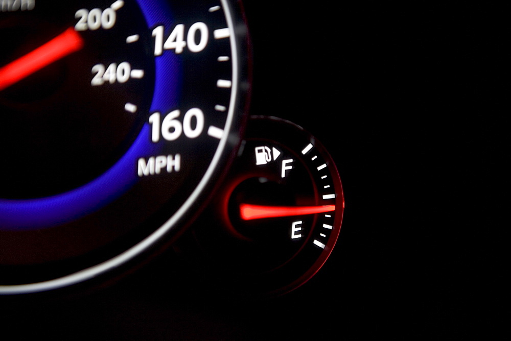 Close up of speedometer and gas gauge