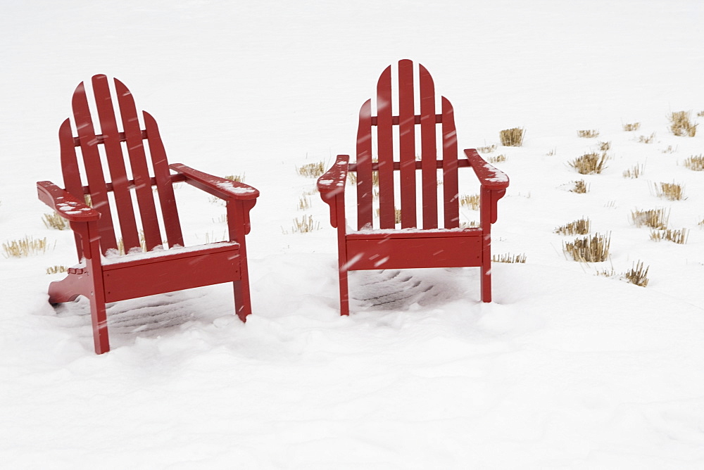 USA, New York City, two adirondack chairs in snow