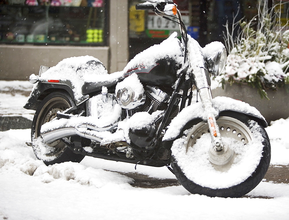 USA, New York City, motorbike covered with snow