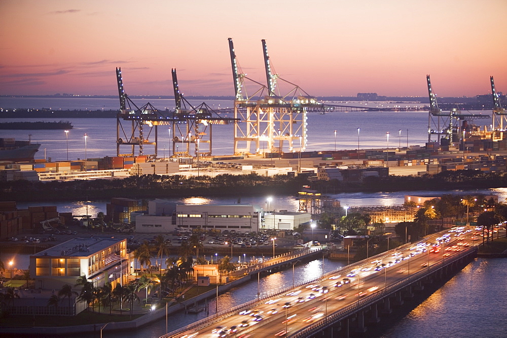 USA, Florida, Miami, Commercial dock at dusk