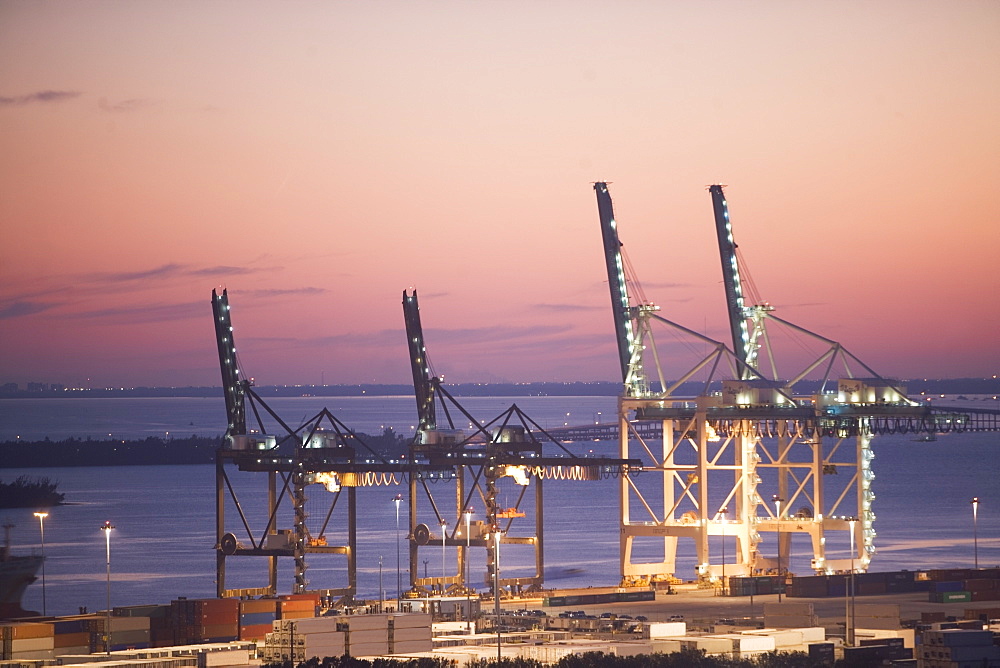 USA, Florida, Miami, Commercial dock at dusk