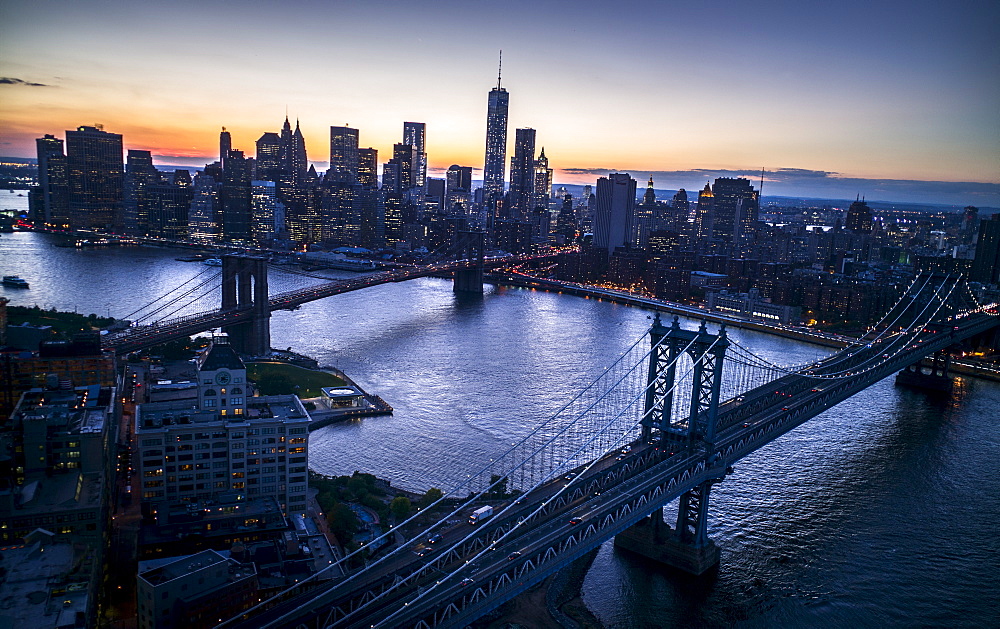 Aerial view of city with Freedom tower at sunset, New York City, New York