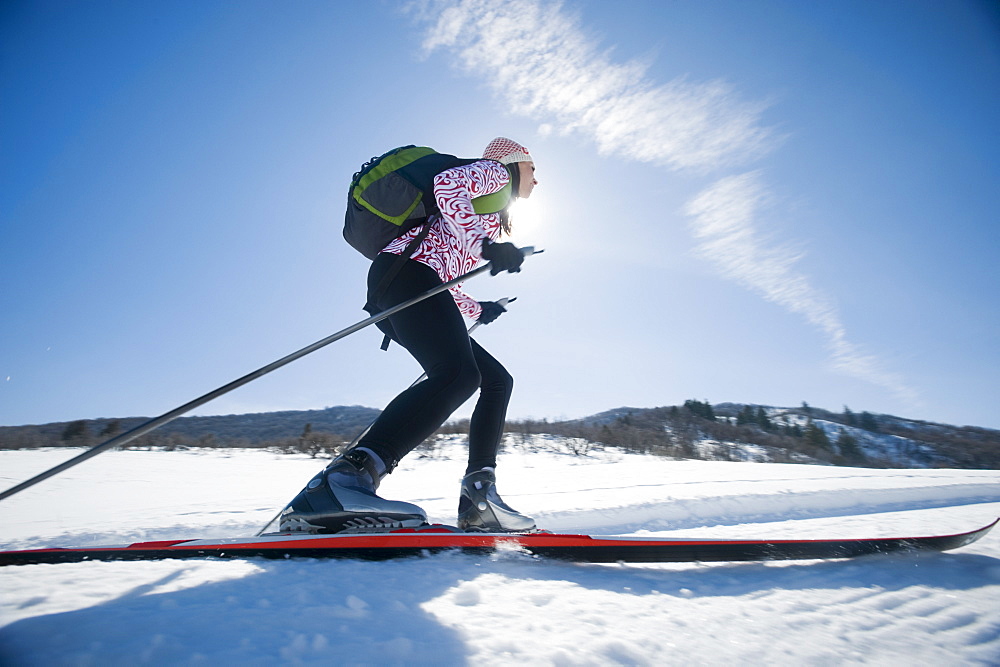 Woman cross country skiing