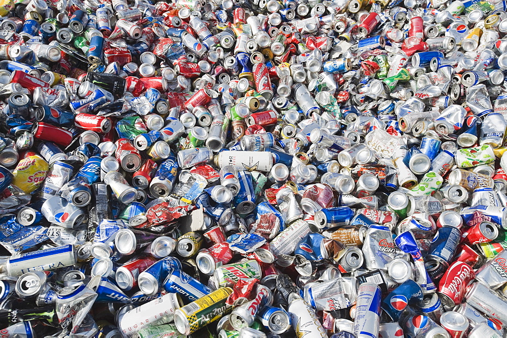 Pile of aluminum cans at recycling plant