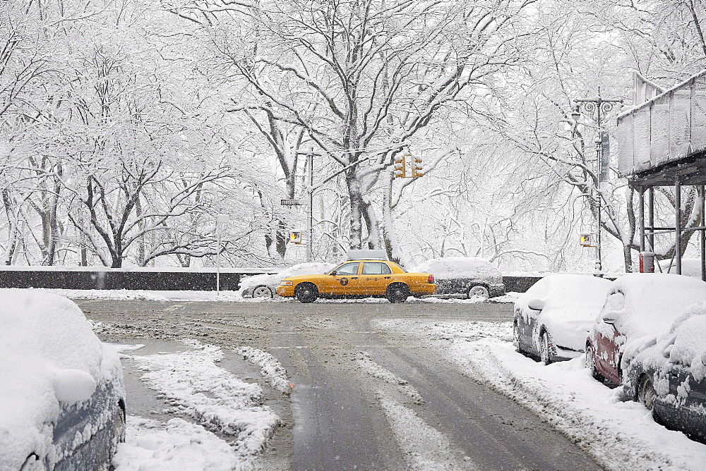 Yellow taxi at winter, New York City