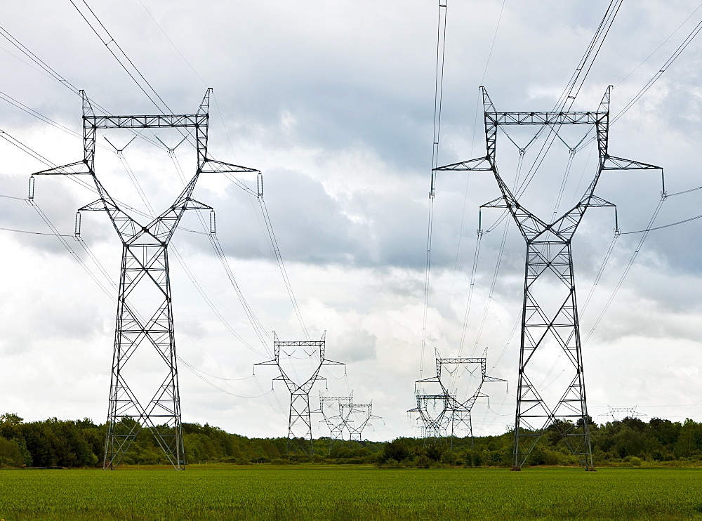 France, Rocroi, Rural landscape with power line, France, Rocroi
