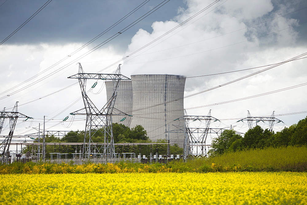 France, Rocroi, Rural landscape with power line and power station, France, Rocroi