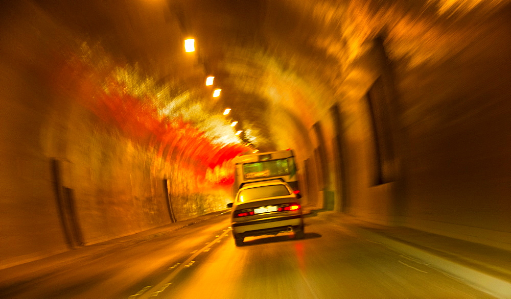 Hungary, Budapest, Castle Hill, Cars driving through tunnel, Hungary, Budapest