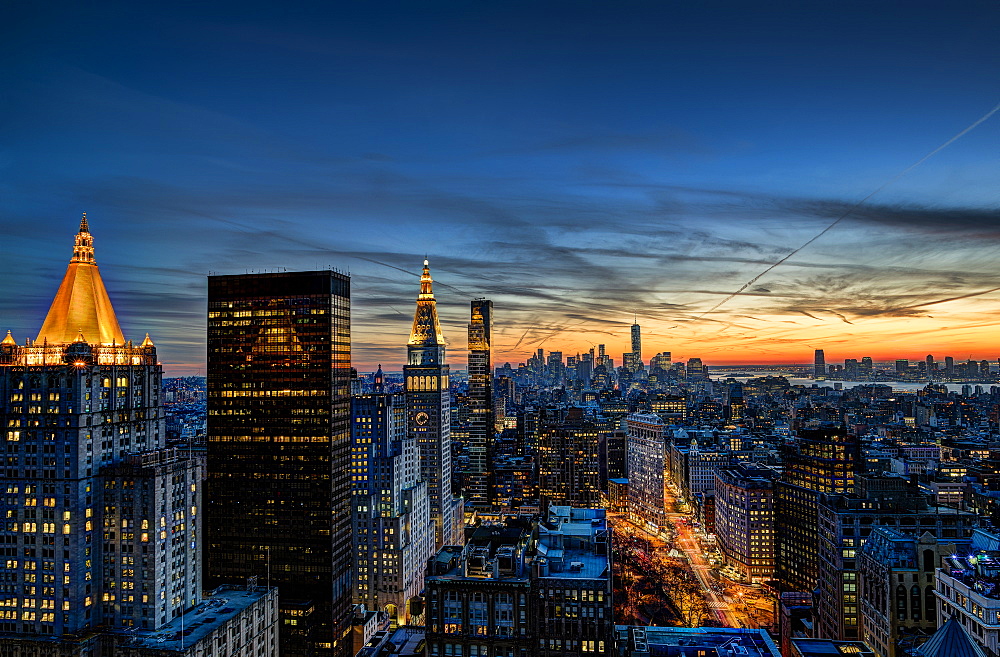 Cityscape at dusk, New York City, New York