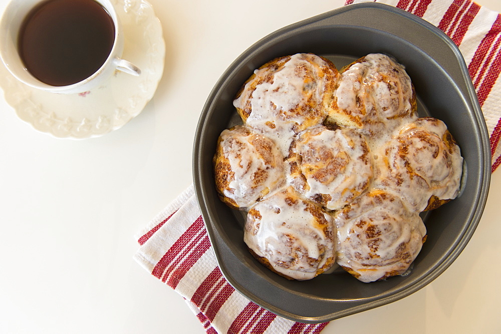 Studio Shot of cinnamon rolls and coffee