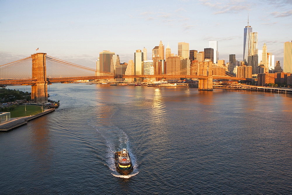 Brooklyn Bridge and cityscape, New York City, New York