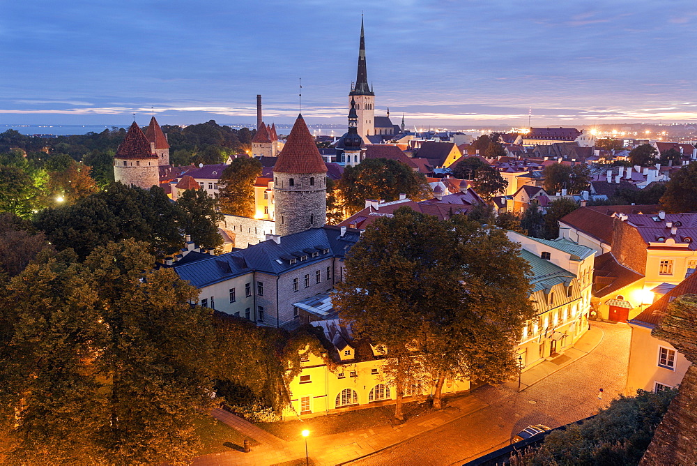 St. Olaf's Church and surrounding cityscape at dusk, Tallin, Estonia