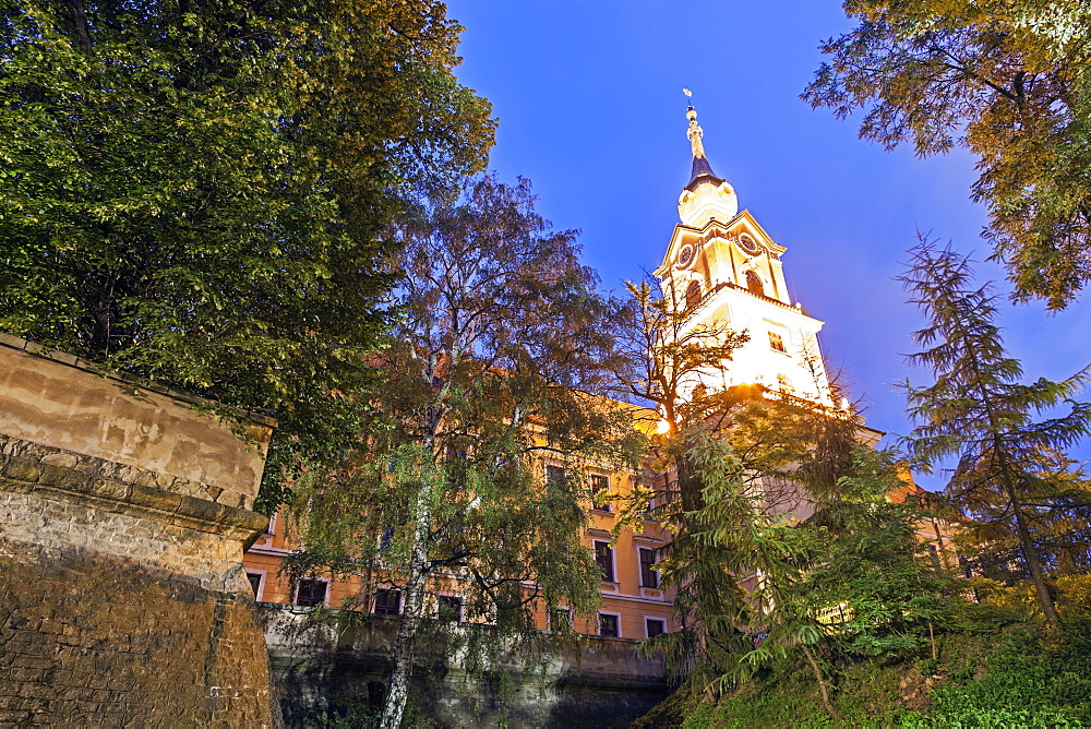 Illuminated spire of Rzeszow Castle seen through trees, Poland