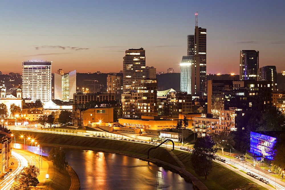 View of illuminated city at night, Lithuania