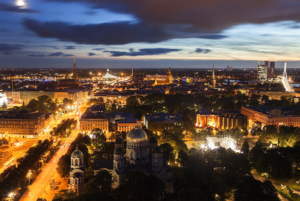 Elevated view of city at dusk, Latvia