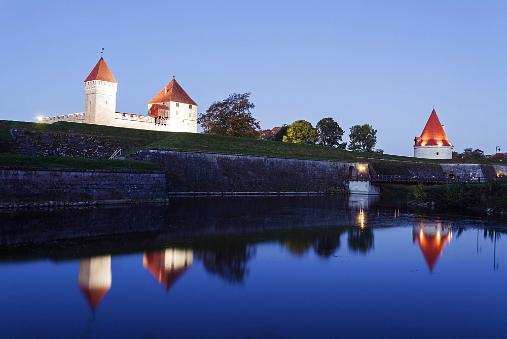 View of castle on island from river, Estonia