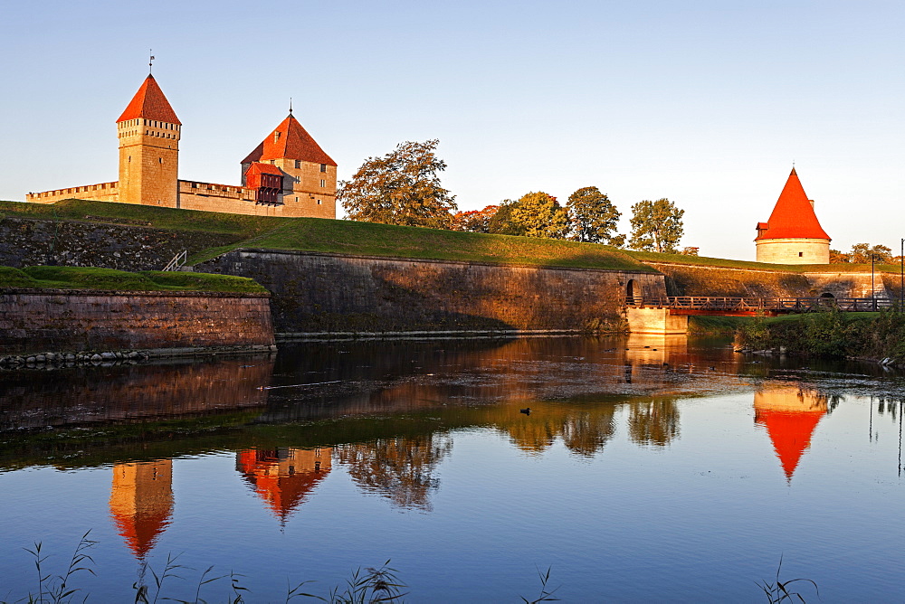 View of castle on island from river, Estonia