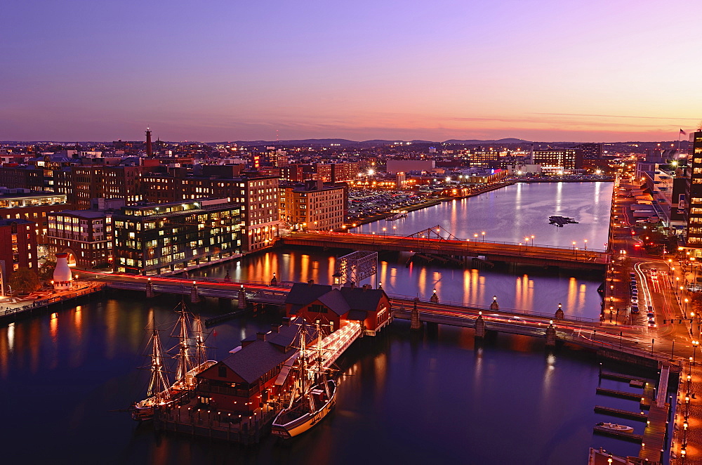 View over Fort Point Channel at dusk, Boston, Massachusetts