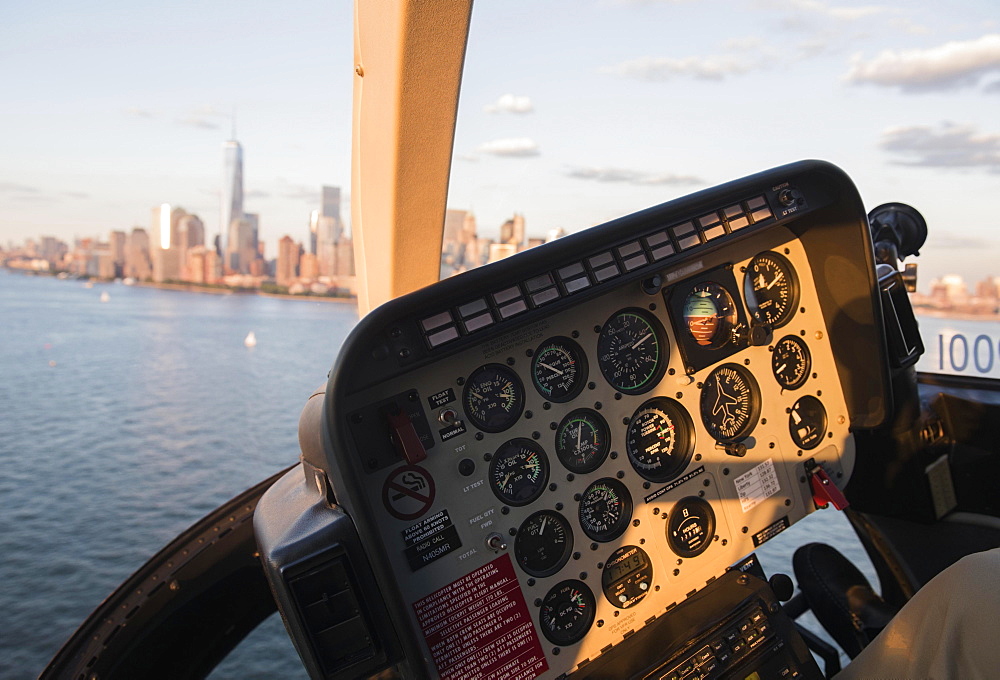 Cockpit in helicopter and Manhattan skyline, New York, New York