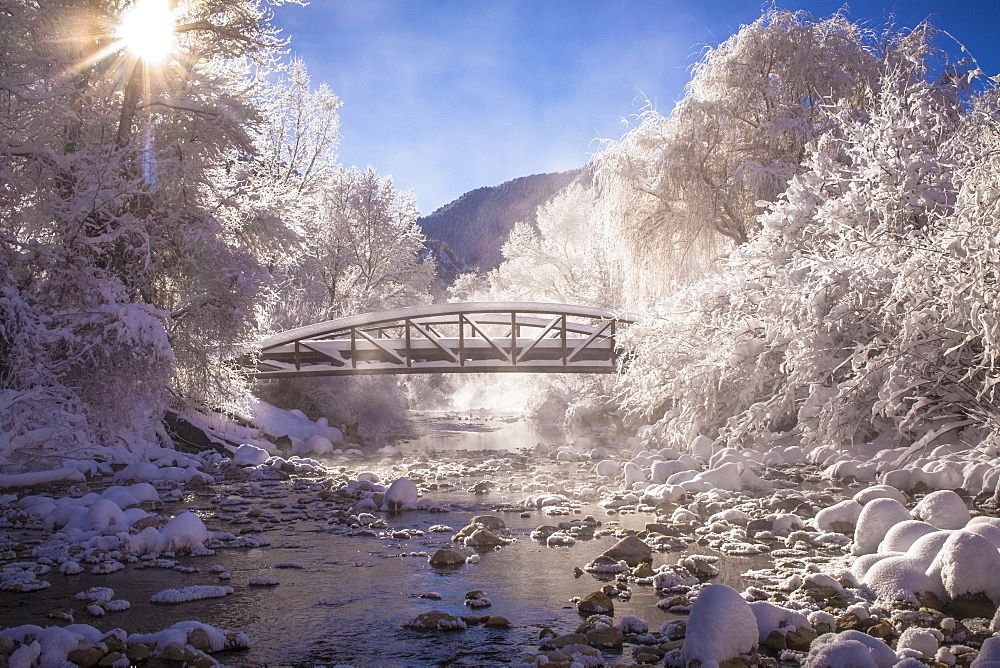 Scenic view of stream in winter, Colorado