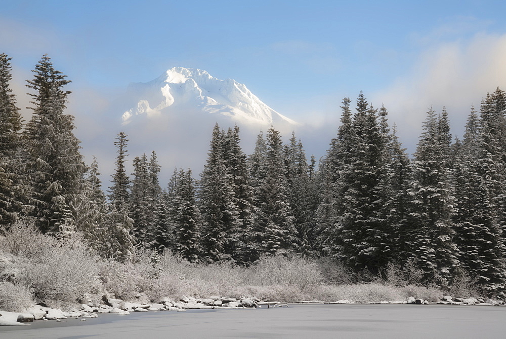 Scenic view of winter landscape, Mirror Lake, Mount Hood, Oregon