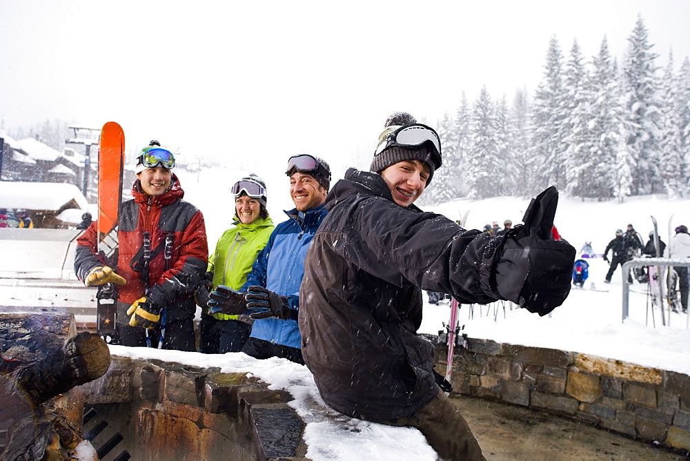 Group of skiers having break, Whitefish, Montana, USA