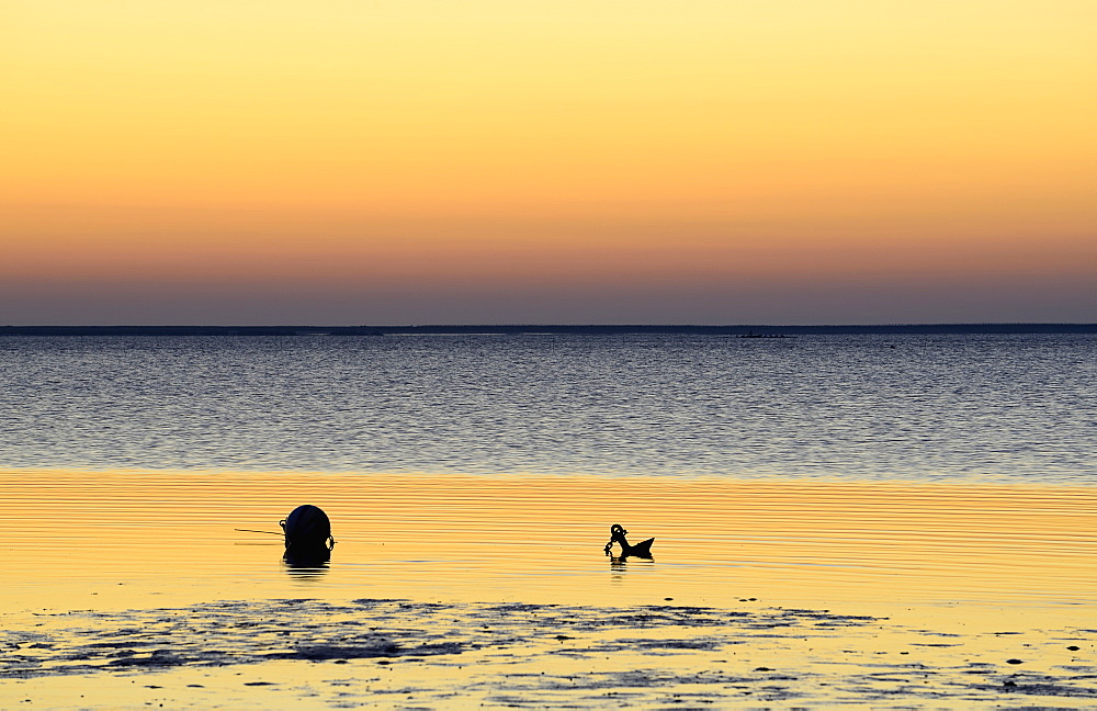 Buoy and anchor silhouetted on wet beach, Duxbury Bay, Massachusetts