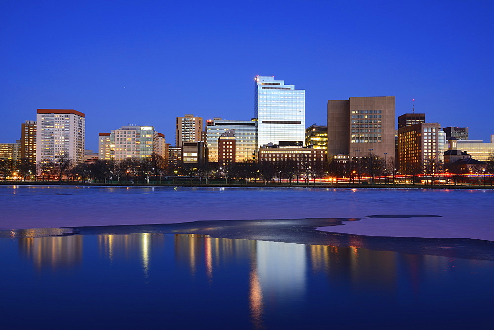 Waterfront at dusk, reflection in water, Boston, Massachusetts 