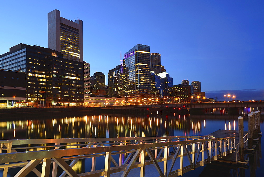 Illuminated waterfront at dusk, Fort Point Channel, Boston, Massachusetts 