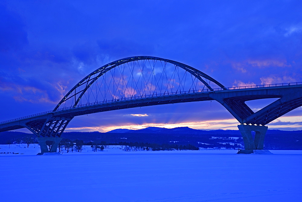 Lake Champlain Bridge connecting New York and Vermont States at dusk, Lake Champlain Bridge, Crown Point, New York,USA