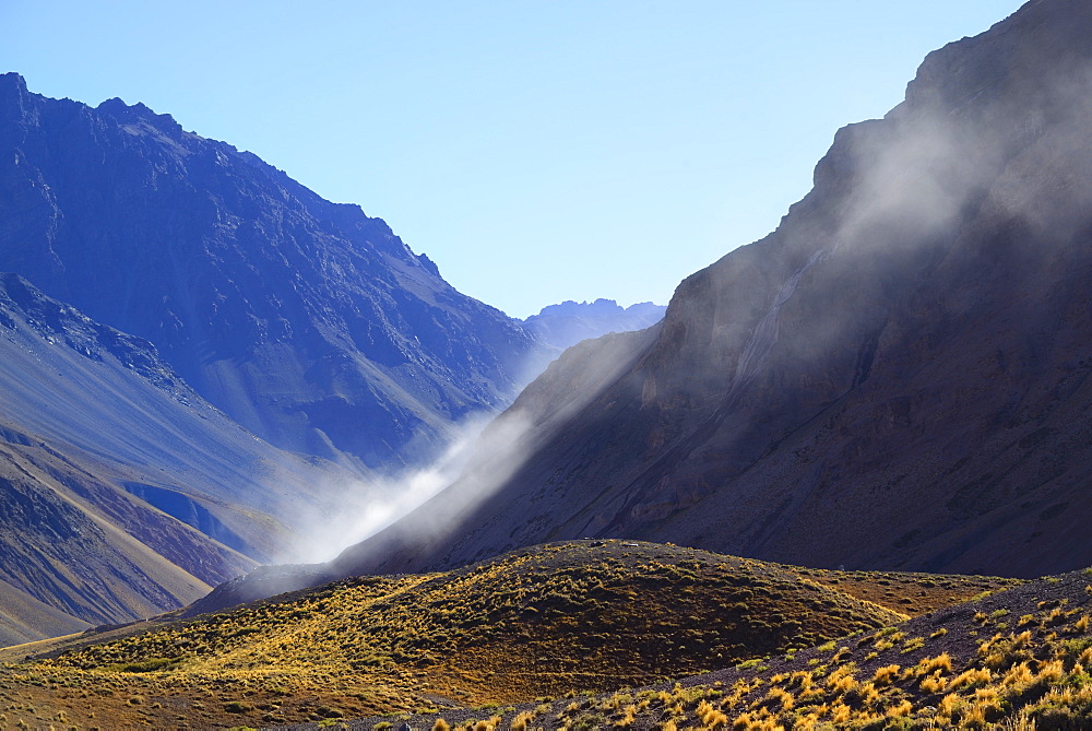 Landscape with mountain range and valley, Windy Parque Nacional Aconcagua, Mendoza, Argentina