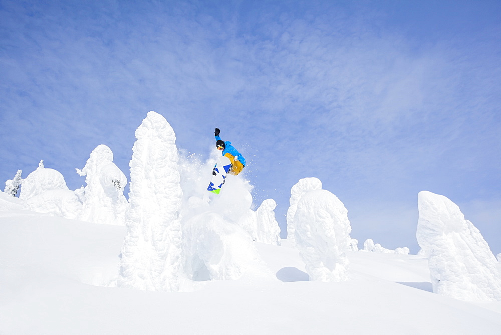 Snowboarder jumping over snowy tree, Whitefish, Montana, USA