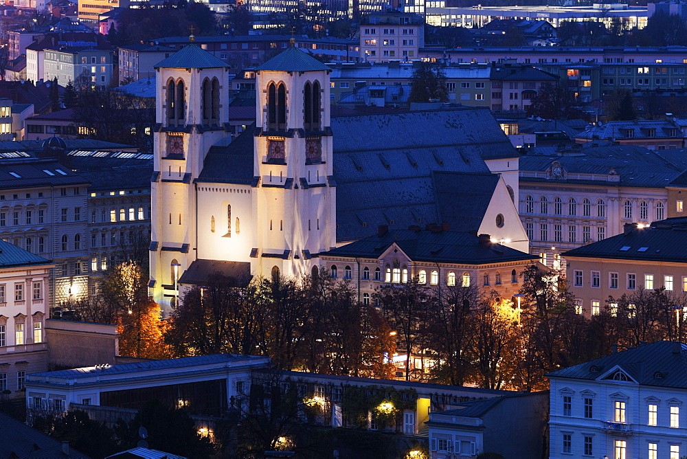 Illuminated St. Andrew's Church and surrounding cityscape , St. Andrew's Church,Salzburg, Austria