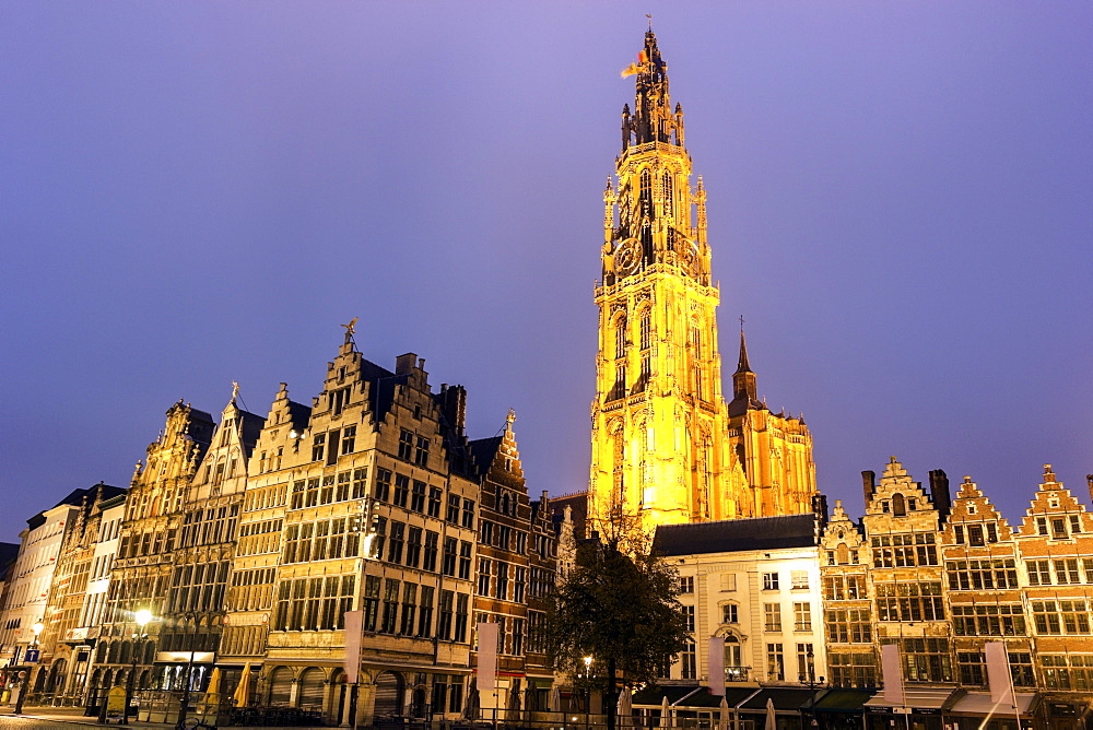 Illuminated Cathedral of Our Lady and townhouses, Cathedral of Our Lady, Antwerp, Flemish Region, Belgium