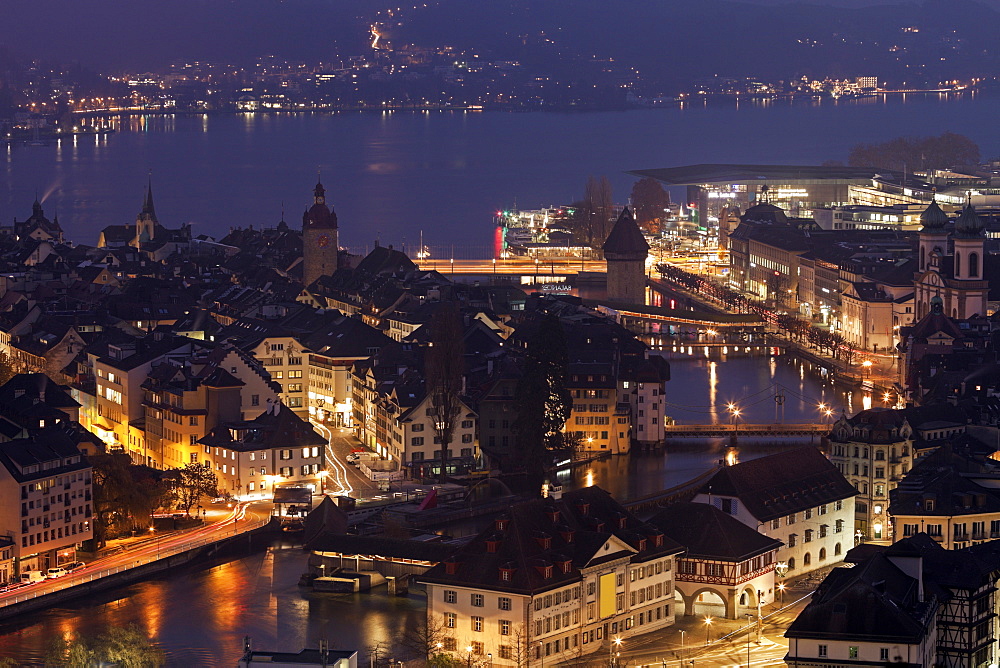 Illuminated lakeside cityscape , Lucerne, Switzerland