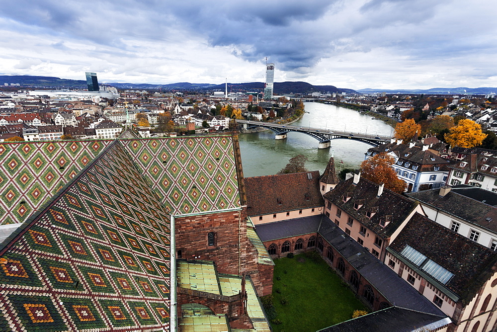 Roof of Basel Minster and Rhine River, Basel Minster and Rhine RiveerBasel, Basel-Stadt, Switzerland