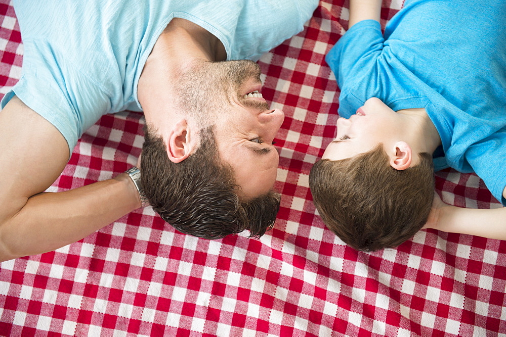 Father and son (8-9) relaxing on checked blanket